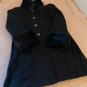 St John Collection cashmere/wool coat. Size 14 Black with black rabbit trim